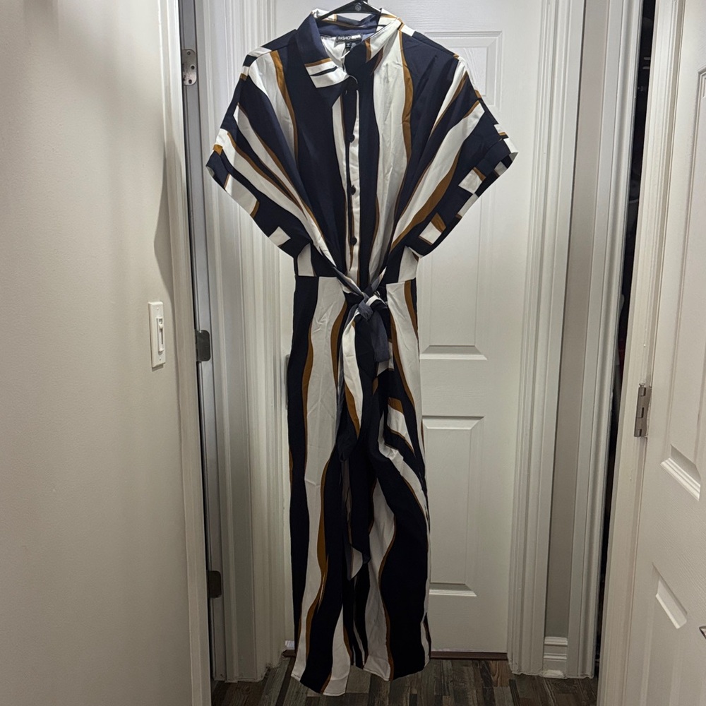 Fashion Nova Navy and White Striped Long Sleeve Dress